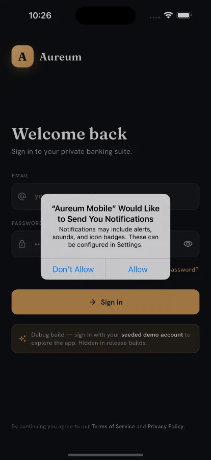Aureum — White-Label Digital Banking Platform (Flutter + Next.js) screenshot 2
