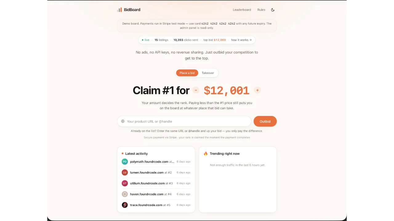 BidBoard — Pay-to-Rank Leaderboard (Next.js + Stripe) screenshot 2