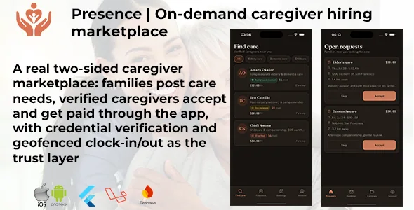 Presence — On-Demand Caregiver Marketplace (Flutter + Laravel)