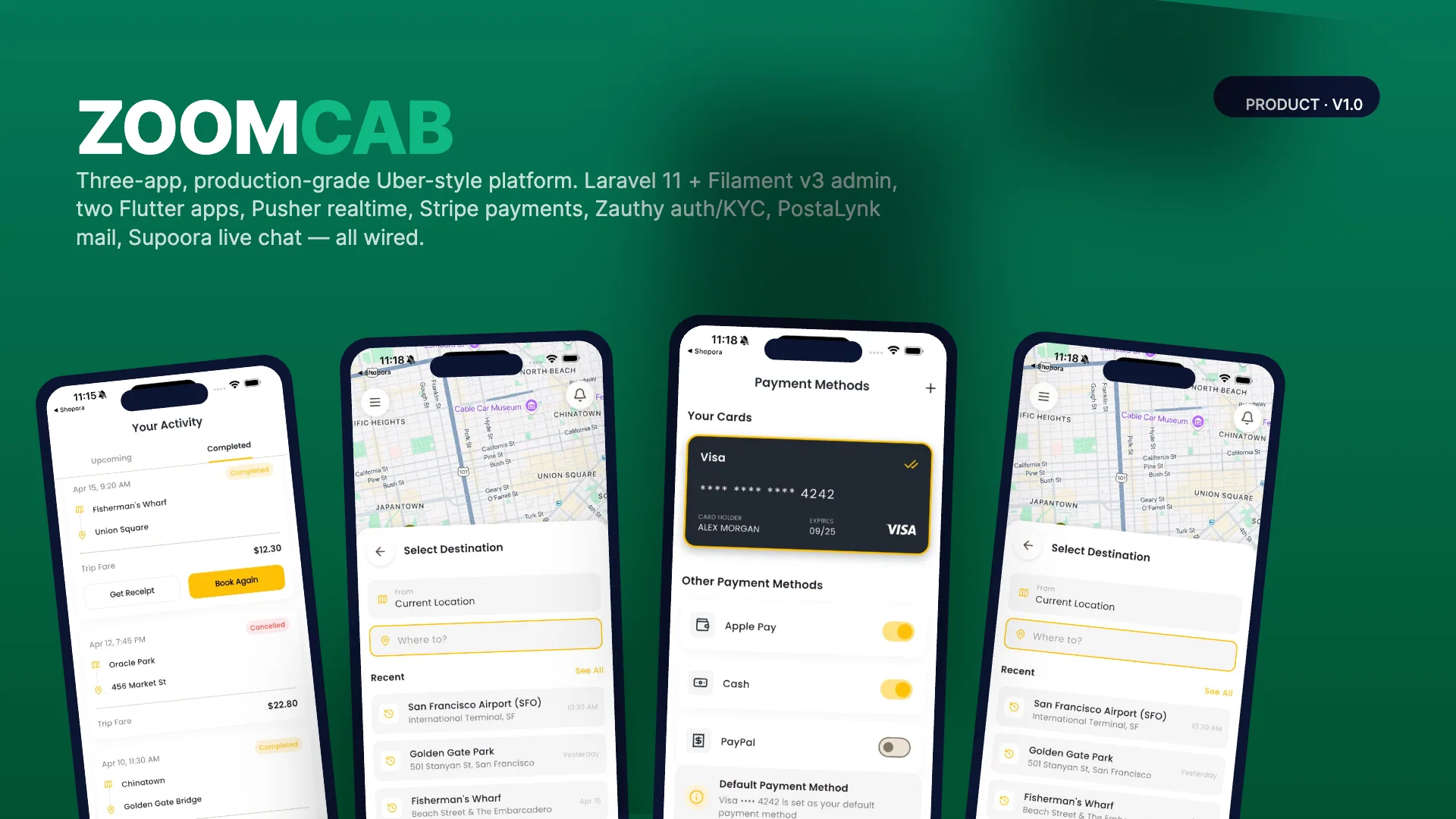 ZoomCab — Full-Stack Taxi Hailing Platform (Laravel + Flutter x2)